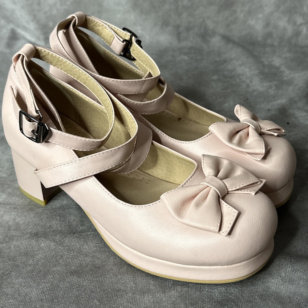 Women  Bowknot Cross Strap Round Toe Sweet Platform Chunky Heel Dress Shoes 7